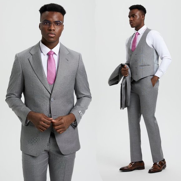 Stacy Adams Sharkskin 3pc Suit w/ Expandable Waistband, Stoned Grey